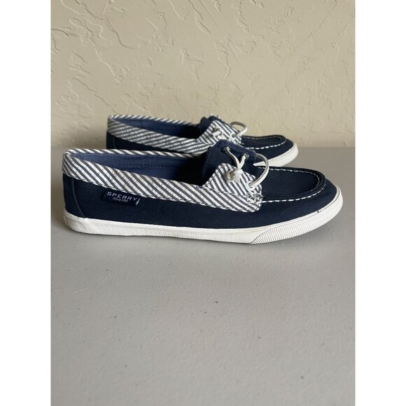 Sperry Navy Blue Canvas Boat Shoes Striped Slip On Nautical Preppy Coastal Beach - Picture 1 of 9